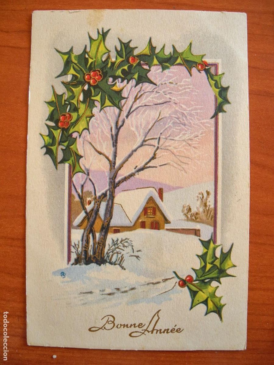 Cartes Postales: Postal de Navidad. Paisaje nevado. Acebo. Trazos dorados. Circulada con sello 1952 9x14