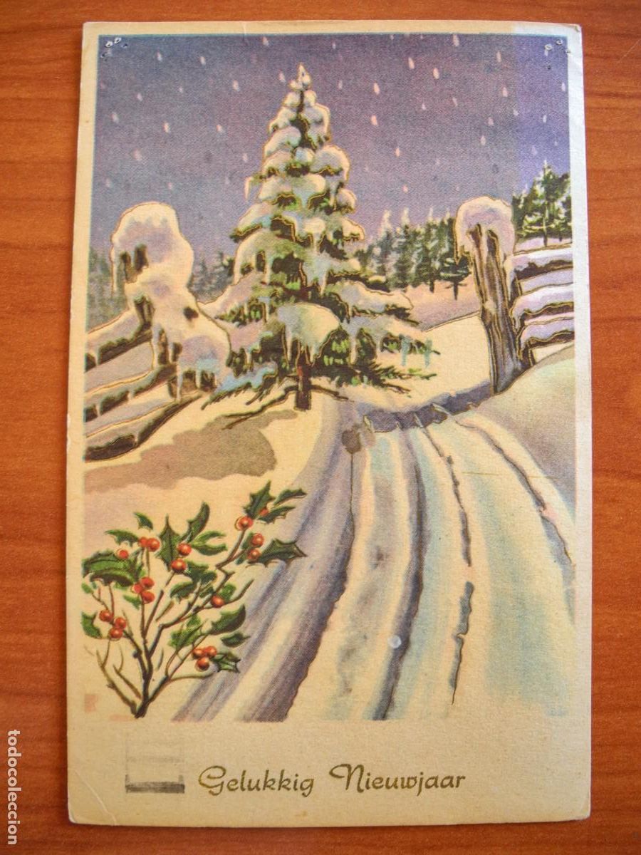 Cartes Postales: Postal de Navidad. Paisaje nevado. Acebo. Trazos dorados. Circulada con sello 9x14