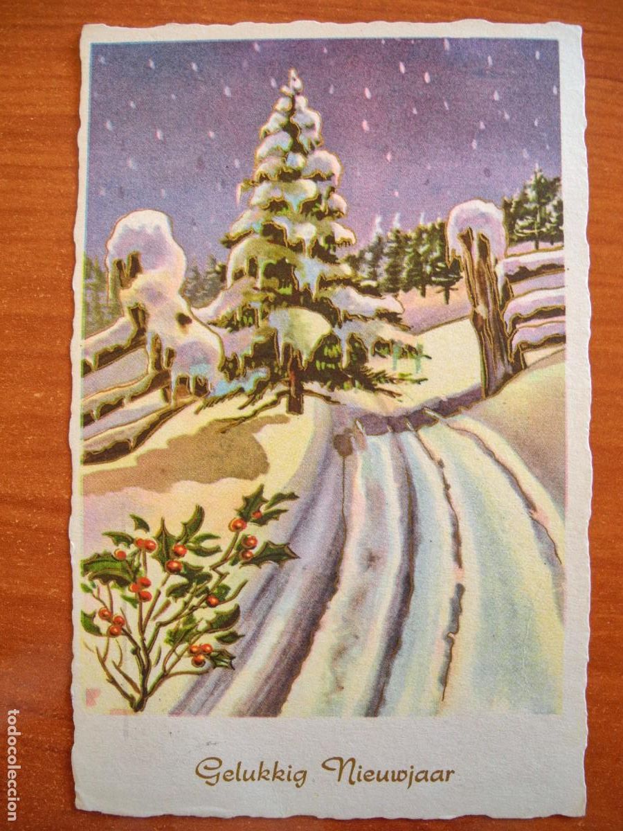 Cartes Postales: Postal de Navidad. Paisaje nevado. Acebo. Trazos dorados. Circulada con sello 9x14