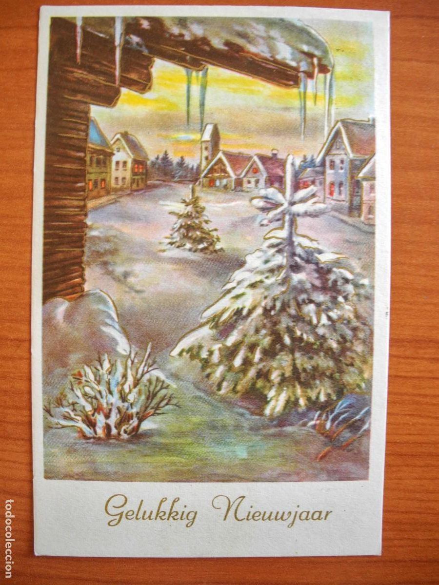 Postales: Postal de Navidad. Paisaje nevado. Trazos dorados. Circulada con sello 9x14