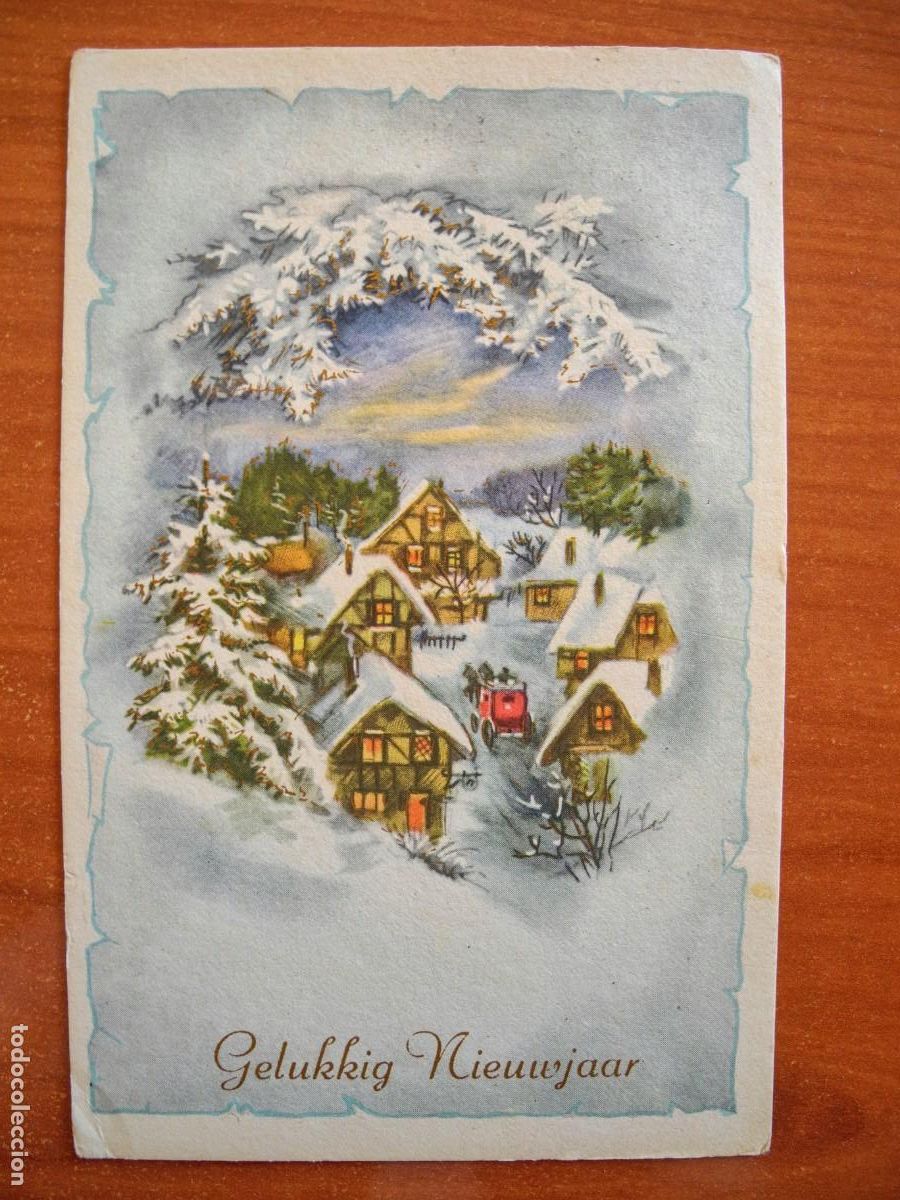 Cartes Postales: Antigua postal de Navidad. Paisaje nevado. Trazados dorados. Circulada con sello 1964 9x14