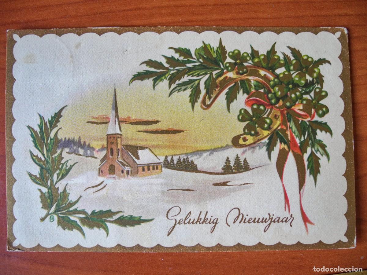Postais: Postal de Navidad. Paisaje nevado. Iglesia Trazados dorados. Circulada con sello 1954 14x9