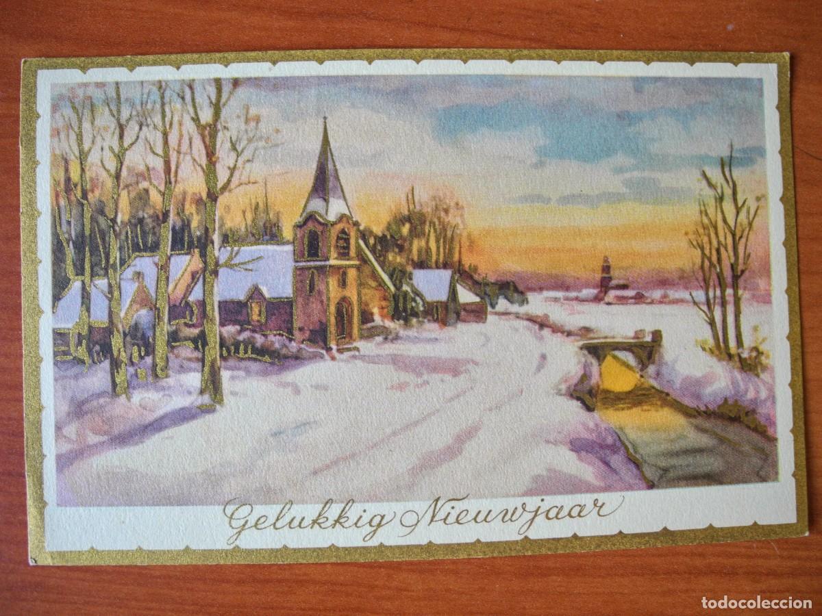 Postais: Postal de Navidad. Paisaje nevado. Iglesia Trazados dorados. Circulada con sello 14x9