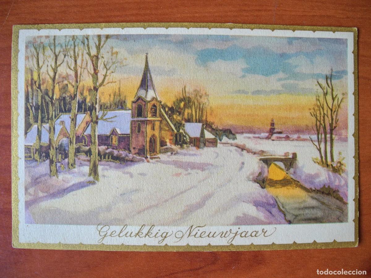 Postais: Postal de Navidad. Paisaje nevado. Iglesia Trazados dorados. Circulada con sello 14x9