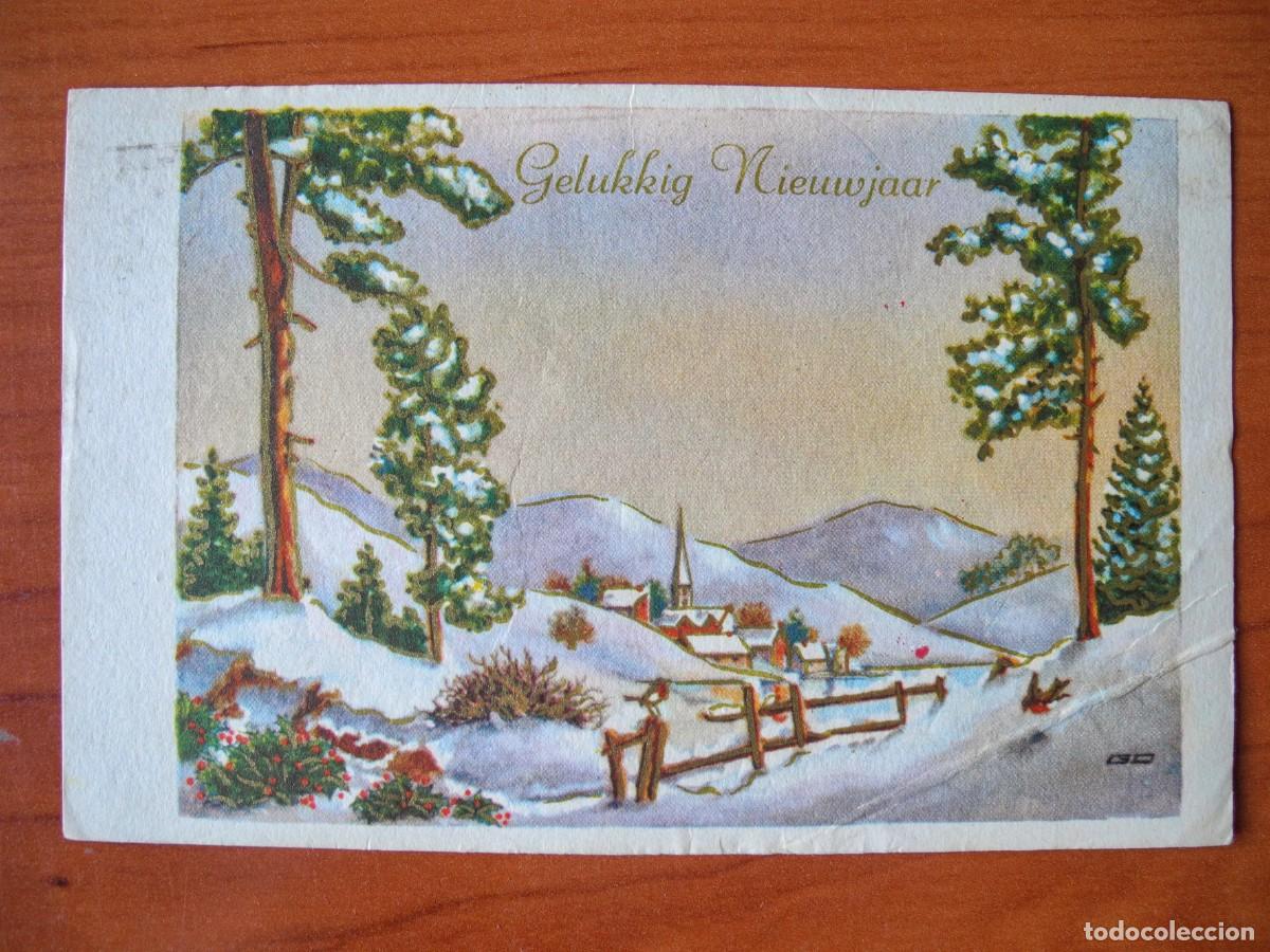 Postais: Postal de Navidad. Paisaje nevado. Trazos dorados. Circulada con sello 14x9