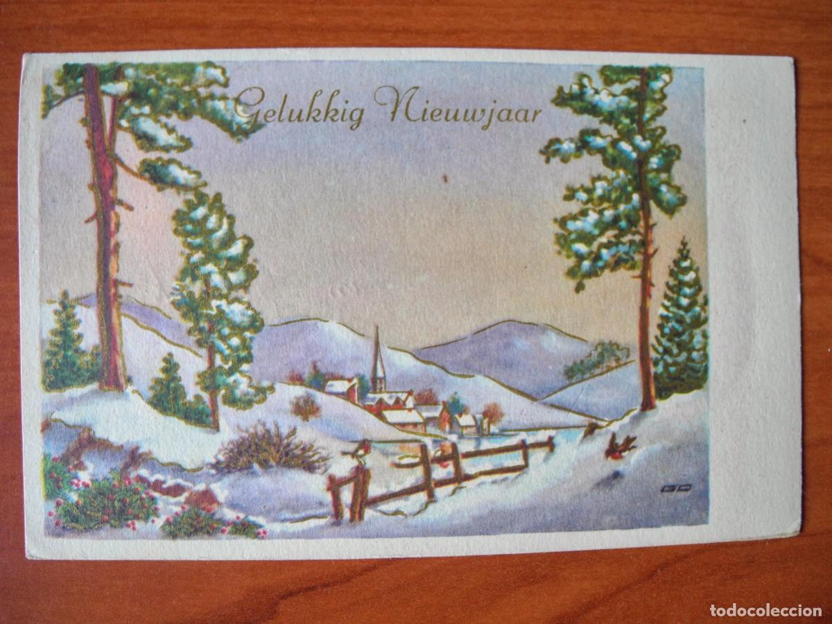 Postkarten: Postal de Navidad. Paisaje nevado. Trazos dorados. Escrita 14x9