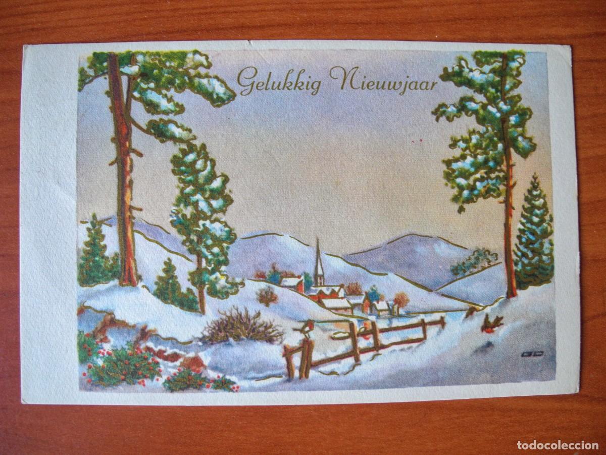 Postkarten: Postal de Navidad. Paisaje nevado. Trazos dorados. Circulada con sello 14x9