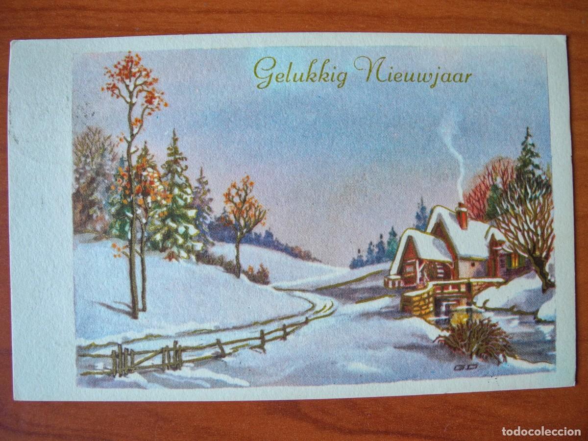 Postkarten: Postal de Navidad. Paisaje nevado. Trazos dorados. Circulada con sello 1965 14x9