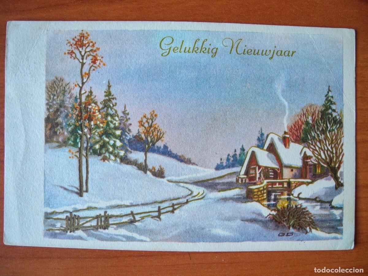 Postkarten: Postal de Navidad. Paisaje nevado. Trazos dorados. Circulada con sello 14x9