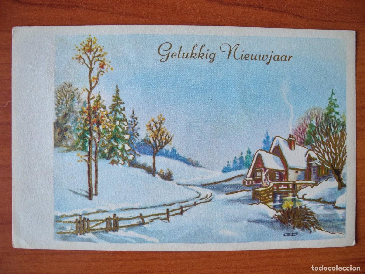 Postkarten: Postal de Navidad. Paisaje nevado. Trazos dorados. Nueva 14x9