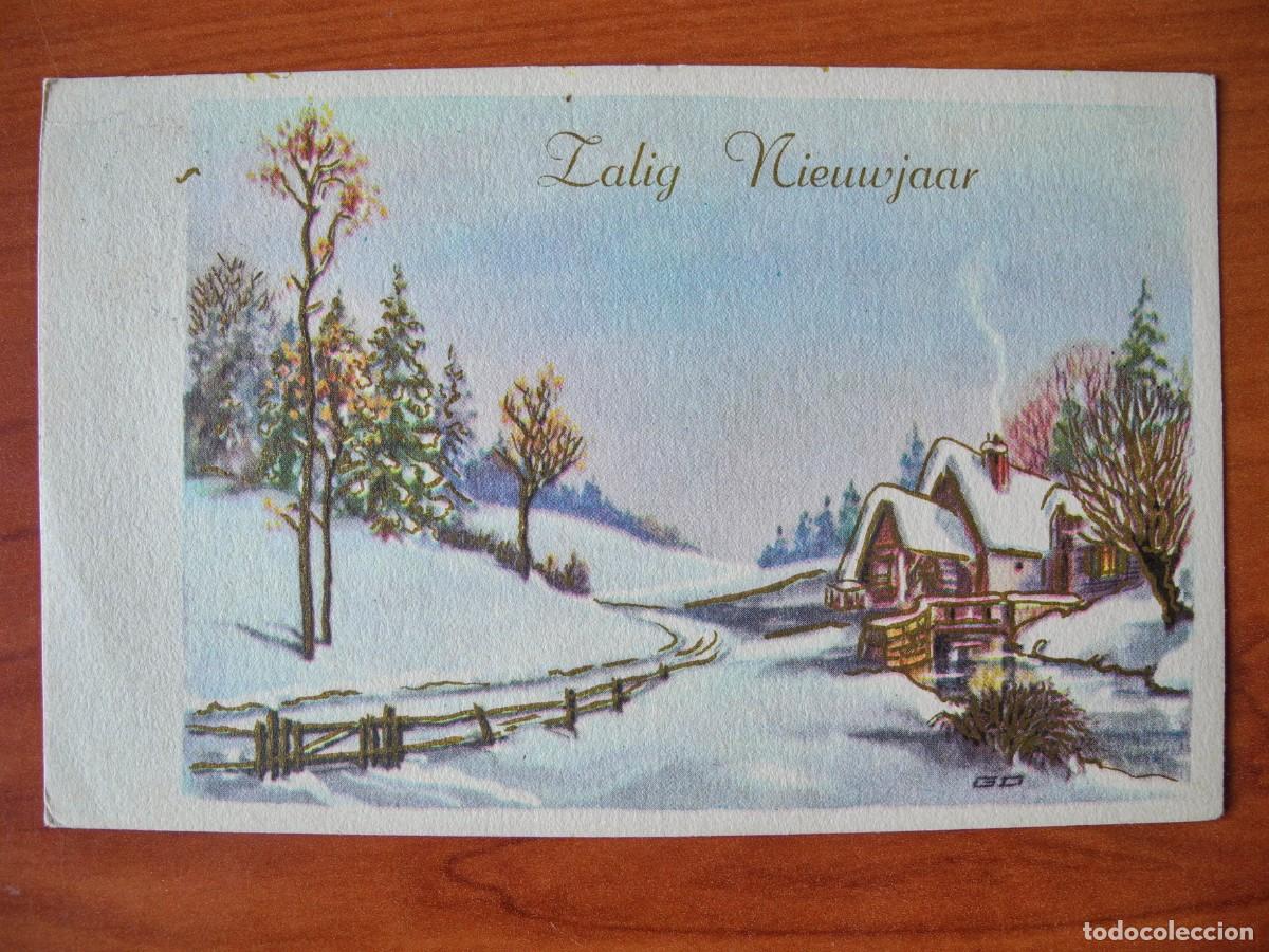 Postkarten: Postal de Navidad. Paisaje nevado. Trazos dorados. Circulada con sello 14x9