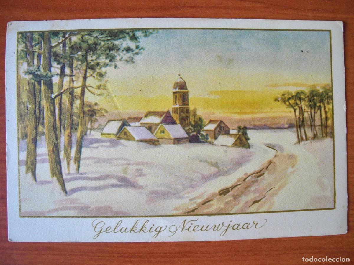 Postkarten: Postal de Navidad. Paisaje nevado. Trazos dorados. Circulada con sello 1953 14x9
