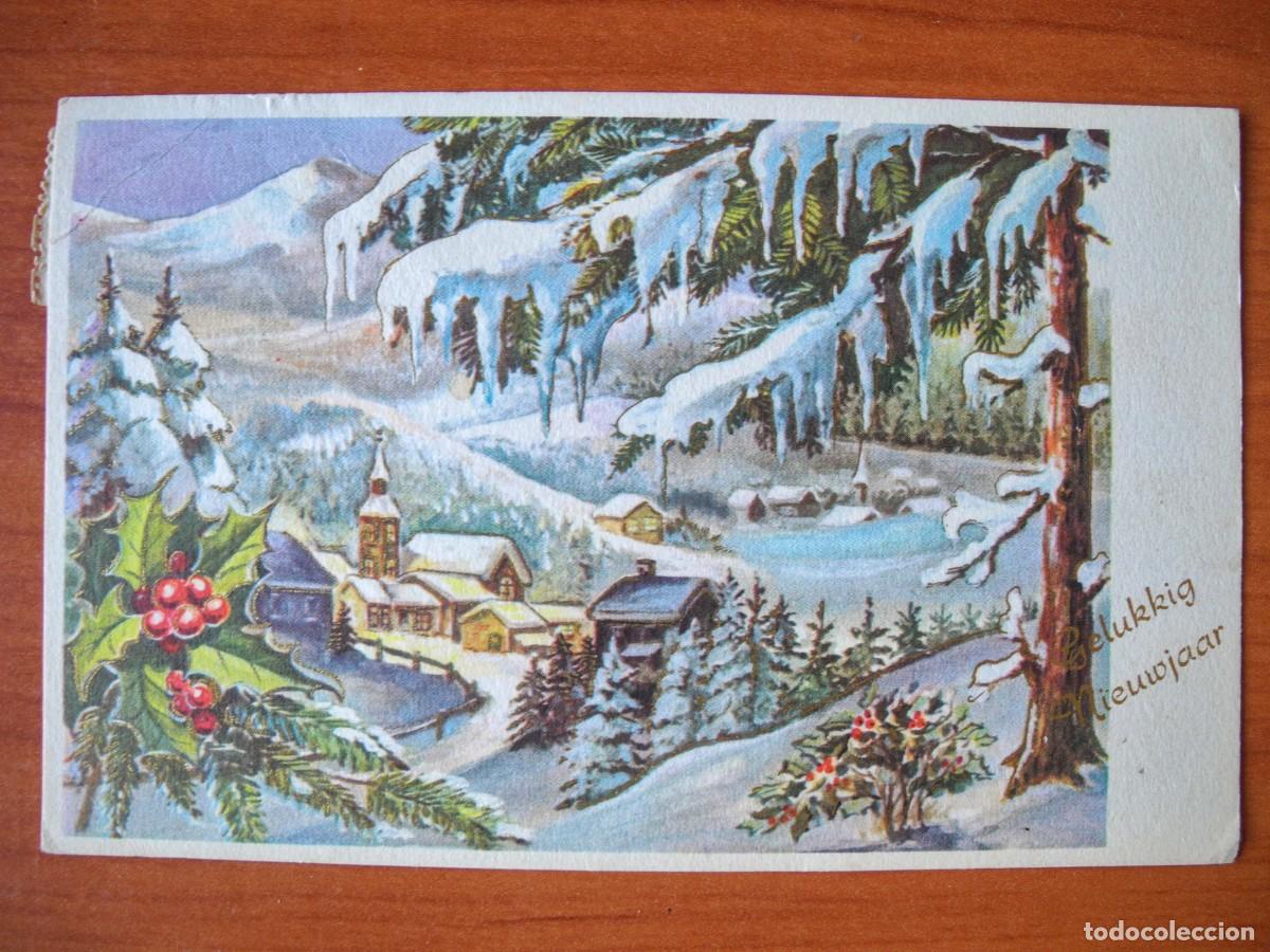 Postkarten: Postal de Navidad. Paisaje nevado. Trazos dorados. Circulada con sello 1966 14x9