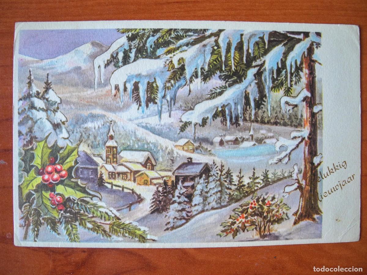 Postkarten: Postal de Navidad. Paisaje nevado. Trazos dorados. Circulada con sello 1962 14x9