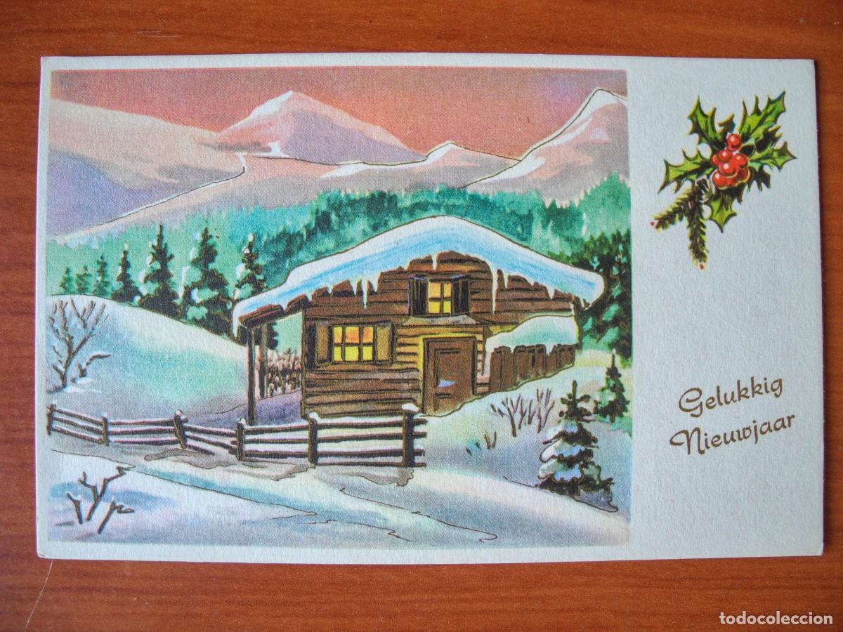Postales: Postal de Navidad. Paisaje nevado. Trazos dorados. Nueva 14x9