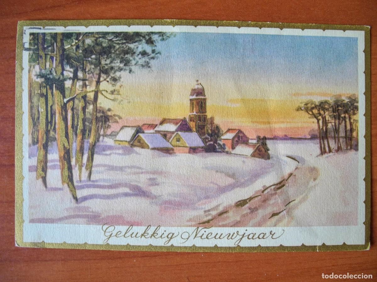 Postales: Postal de Navidad. Paisaje nevado. Trazos dorados. Circulada con sello 14x9