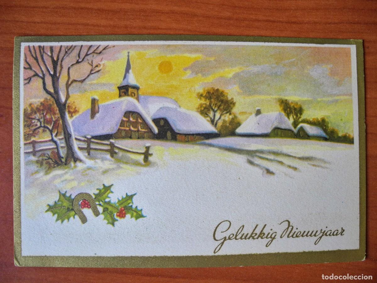 Postales: Postal de Navidad. Paisaje nevado. trazos dorados. Circulada con sello 1953 14x9