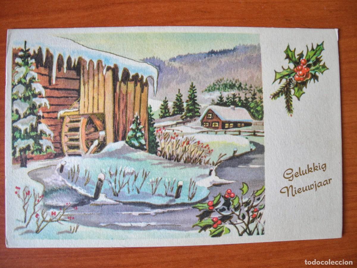 Postales: Postal de Navidad. Paisaje nevado. Molio de agua. Trazos dorados. Circulada con sello 14x9