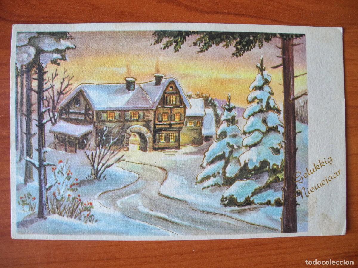 Postales: Postal de Navidad. Paisaje nevado. Trazos dorados. Circulada con sello 1962 14x9