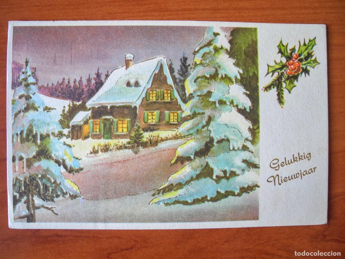 Postales: Postal de Navidad. Paisaje nevado. Trazos dorados. Circulada con sello 14x9