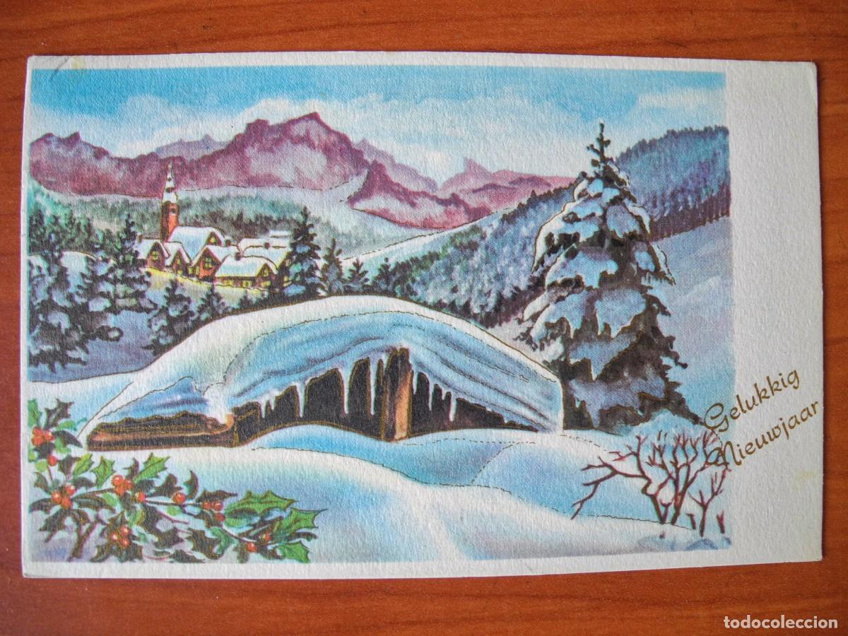 Postales: Postal de Navidad. Paisaje nevado. Trazos dorados. Circulada con sello 14x9