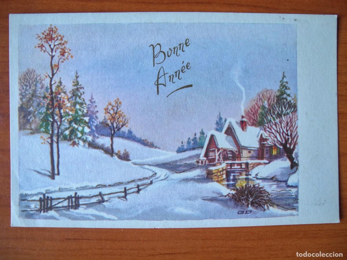 Postales: Postal de Navidad. Paisaje nevado. Trazos dorados Nueva 14x9