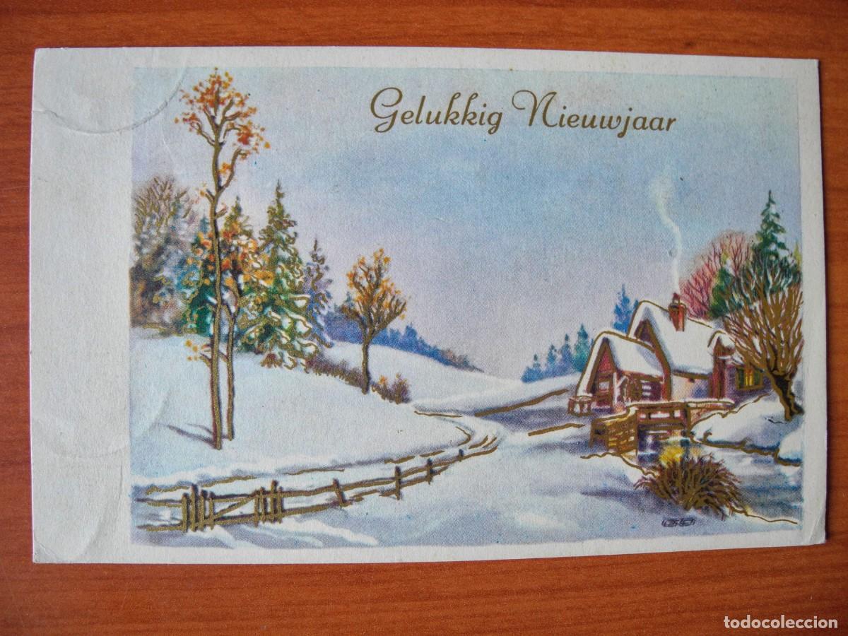 Postales: Postal de Navidad. Paisaje nevado. Trazos dorados Circulada con sello 14x9
