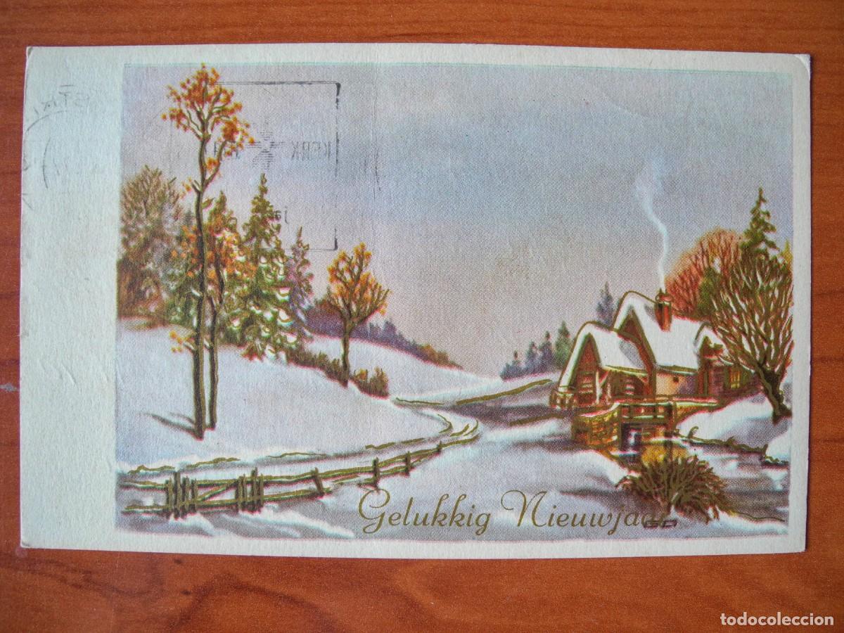 Postales: Postal de Navidad. Paisaje nevado. Trazos dorados Circulada con sello 14x9