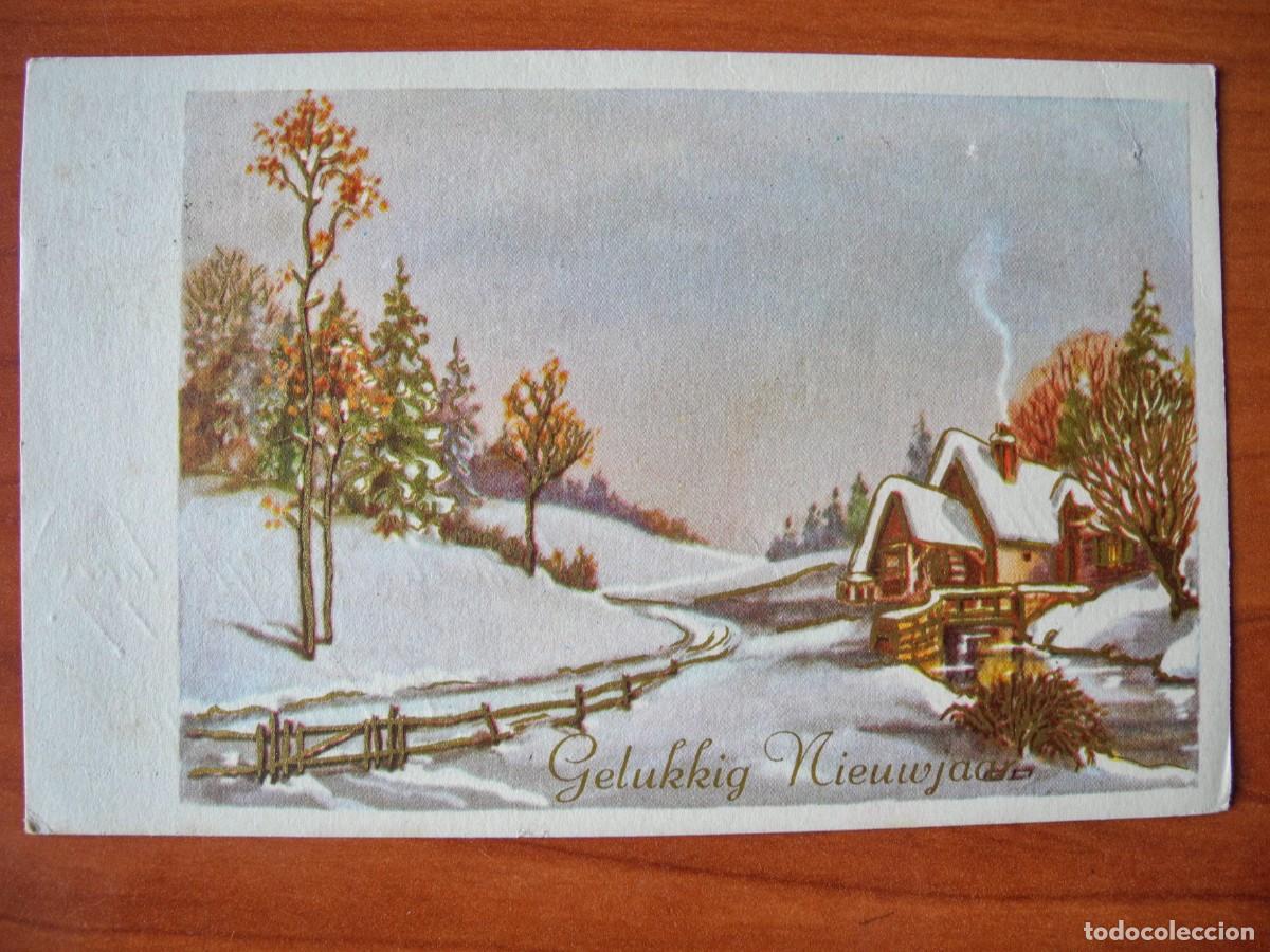Postales: Postal de Navidad. Paisaje nevado. Trazos dorados Circulada con sello 1955 14x9