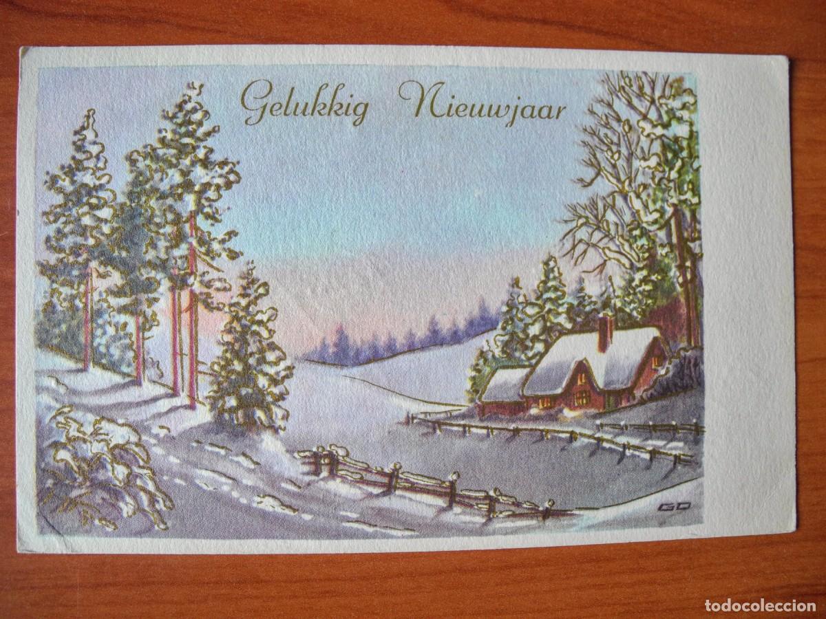 Postales: Postal de Navidad. Paisaje nevado. Trazos dorados. Circulada con sello 14x9