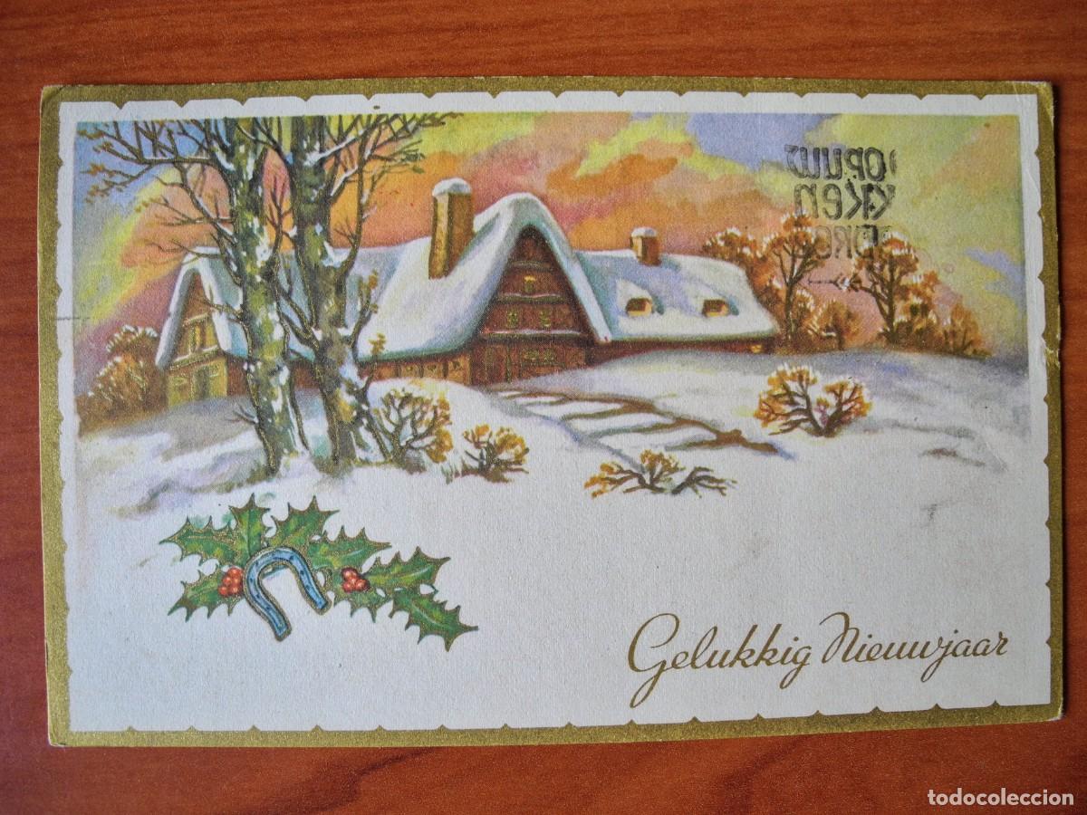 Postales: Postal de Navidad. Paisaje nevado. Trazos dorados. Circulada con sello 1954 14x9