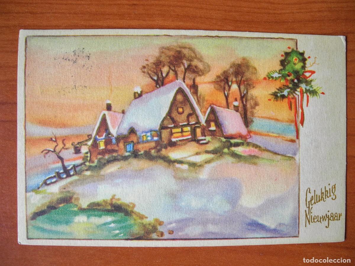 Postales: Postal de Navidad. Paisaje nevado. Trazos dorados Circulada con sello 1953 14x9