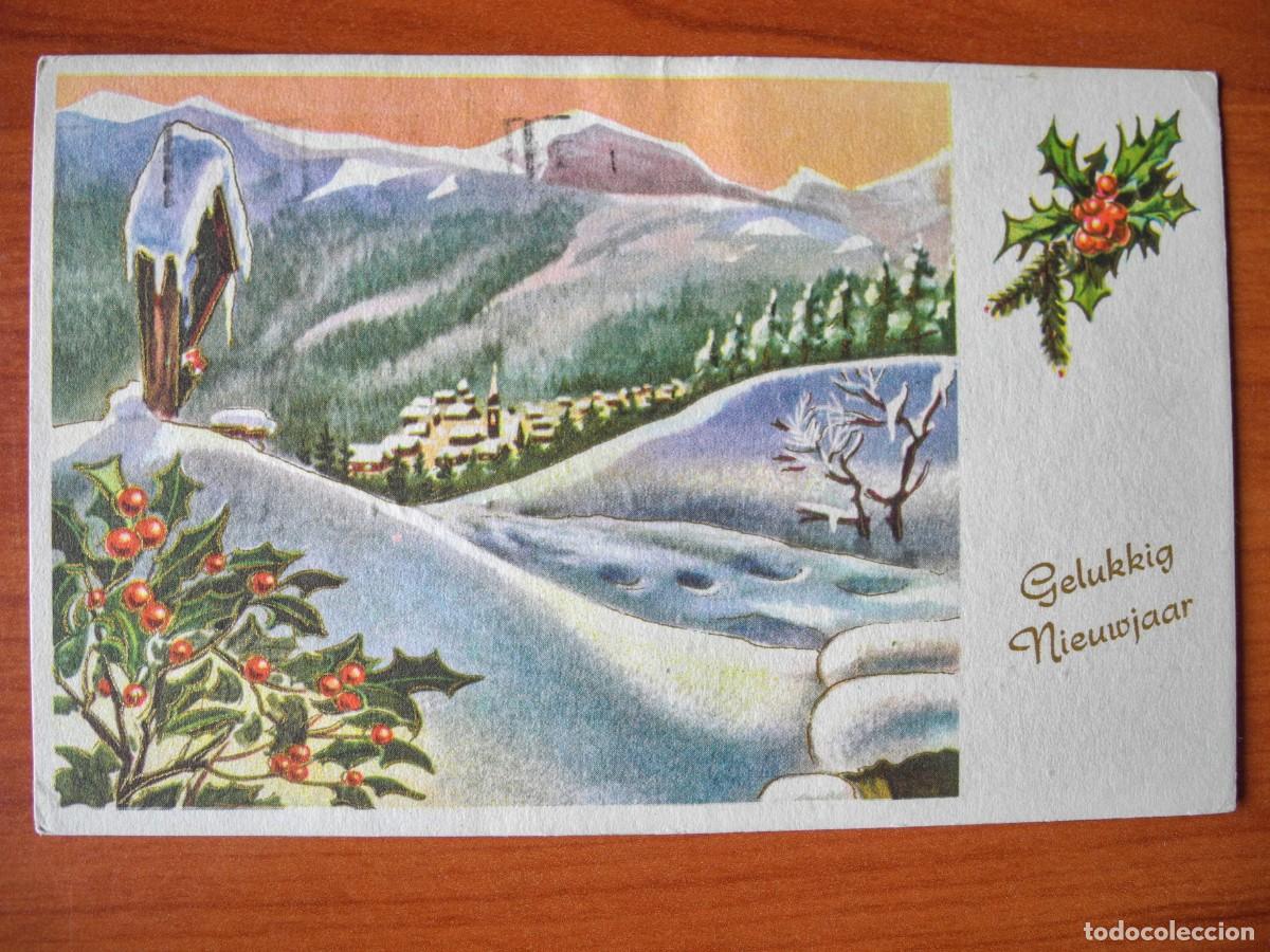 Postales: Postal de Navidad. Paisaje nevado. trazos dorados. Escrita. 14x9