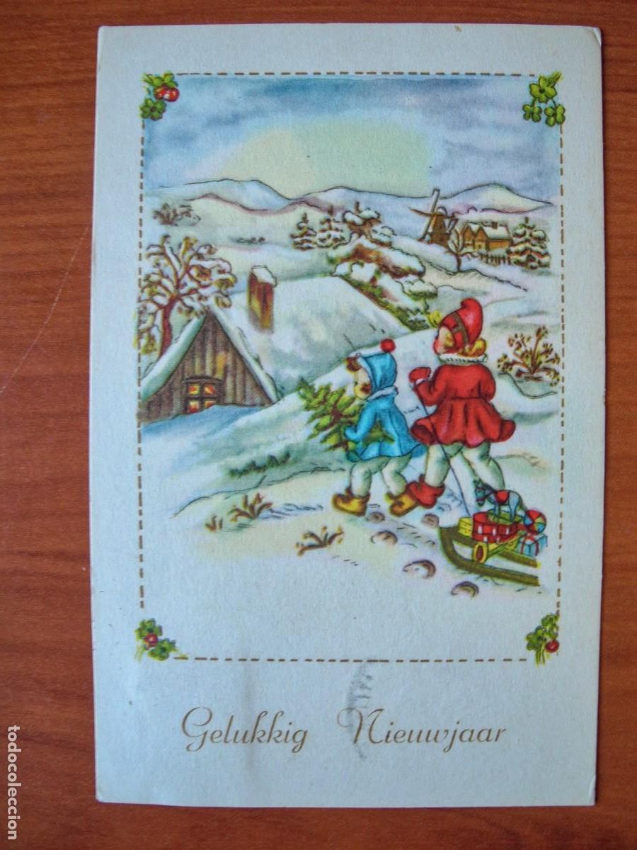 Postales: Postal de Navidad. Paisaje nevado. Ni&ntilde;os trineo. Trazos dorados. Circulada con sello 1959 9x14