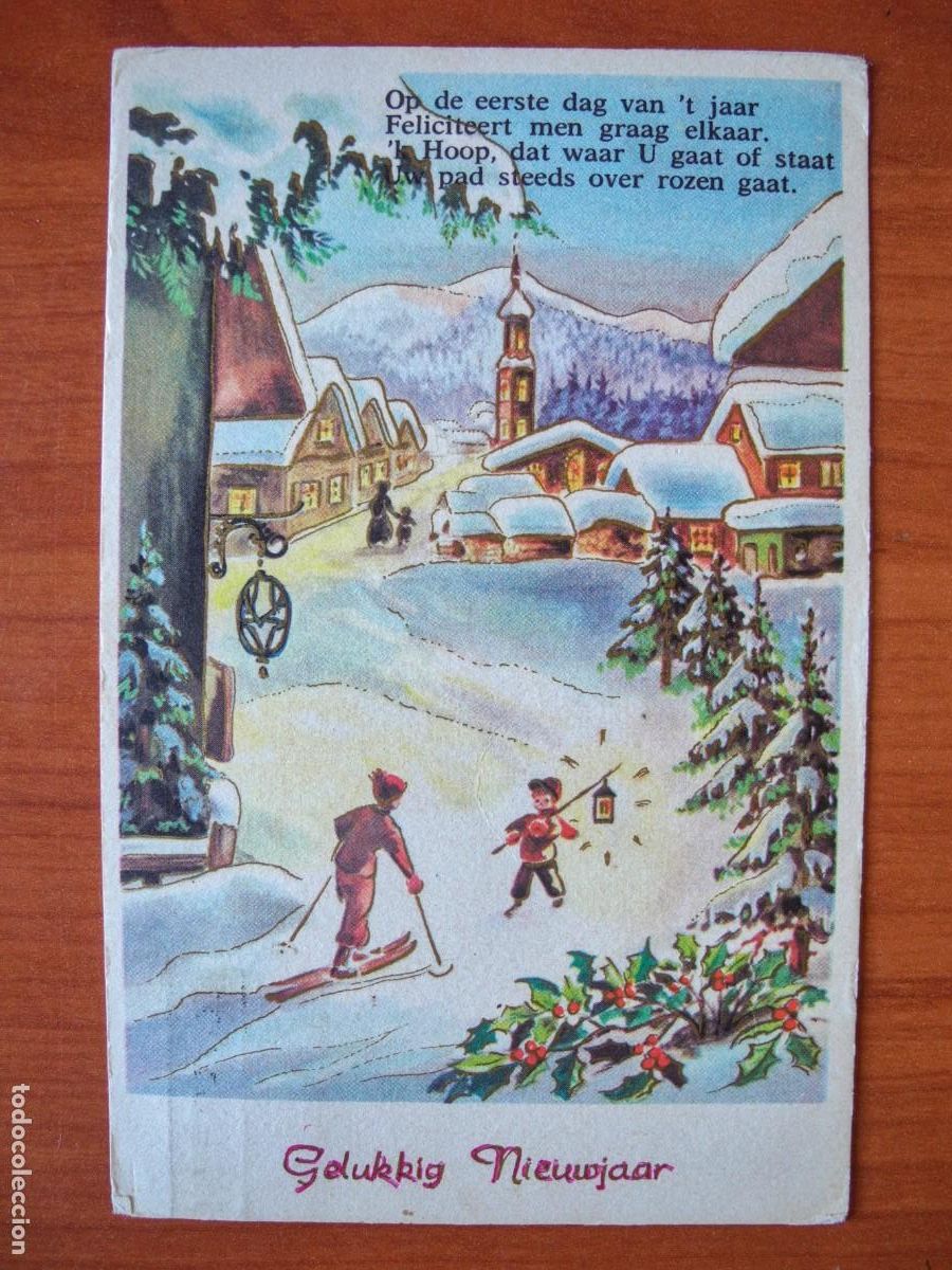 Postales: Postal de Navidad. Paisaje nevado. Ni&ntilde;os. trazos dorados. Circulada con sello 9x14