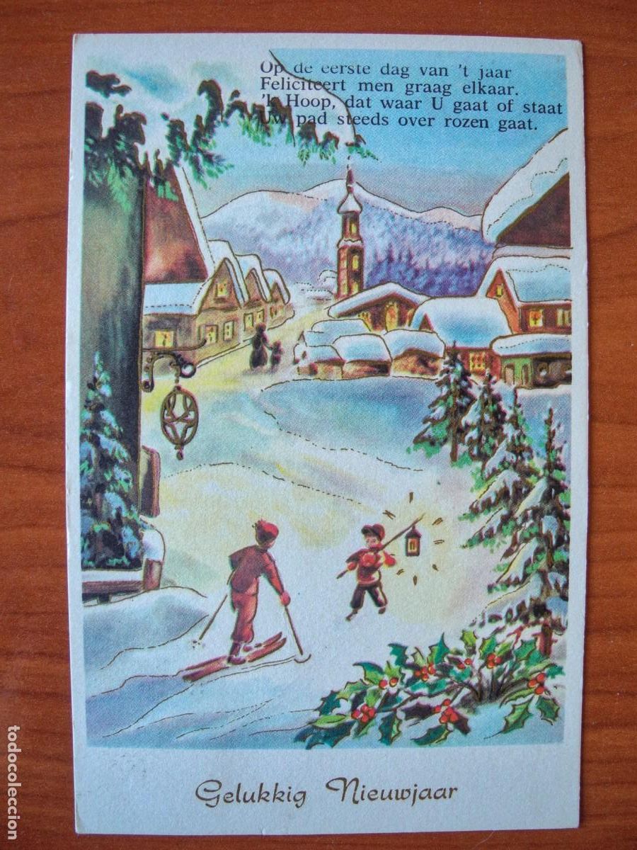 Postales: Postal de Navidad. Paisaje nevado. Ni&ntilde;os. trazos dorados. Circulada con sello 9x14