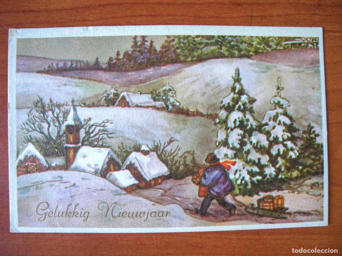 Postales: Postal de Navidad. Paisaje nevado. Trineo. Trazos dorados. Circulada con sello 1963 14x9