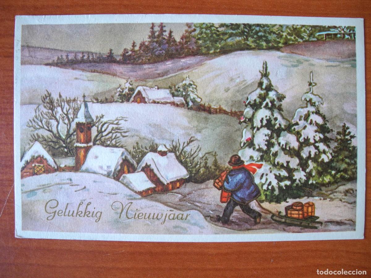 Postales: Postal de Navidad. Paisaje nevado. Trineo. Trazos dorados. Escrita 14x9