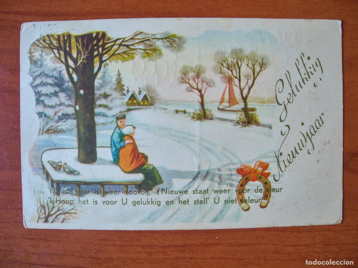 Postales: Postal de Navidad. Paisaje nevado. Pareja contemplando velero. Circulada con sello 14x9