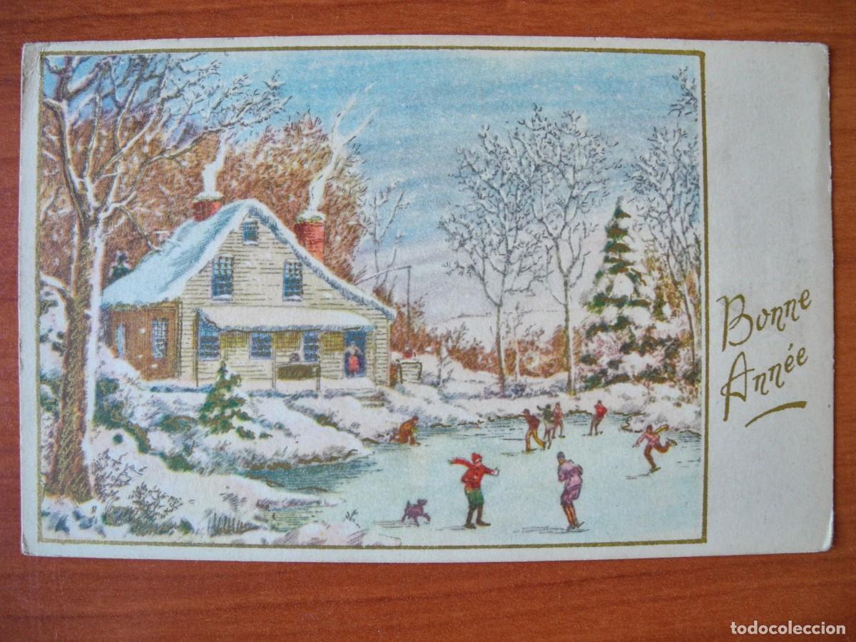 Postales: Postal de Navidad. Paisaje nevado. Ni&ntilde;os jugando. Trazos dorados. Circulada con sello 1949 14x9
