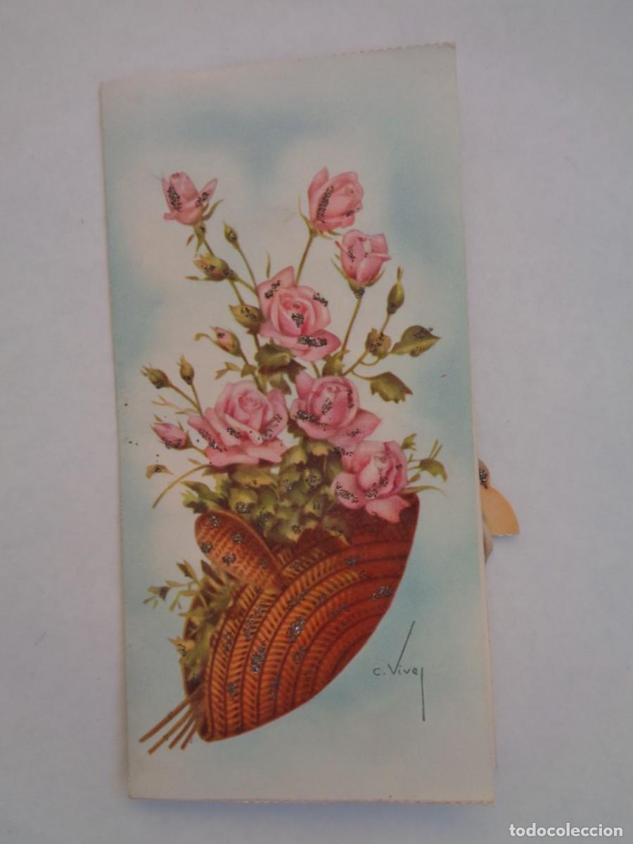 Postais: PRECIOSA TARJETA DE FELICITACION CON DIBUJO DE ROSAS, SE ABRE Y SALE LA VIRGEN Y EL NI&Ntilde;O. A&Ntilde;OS 60