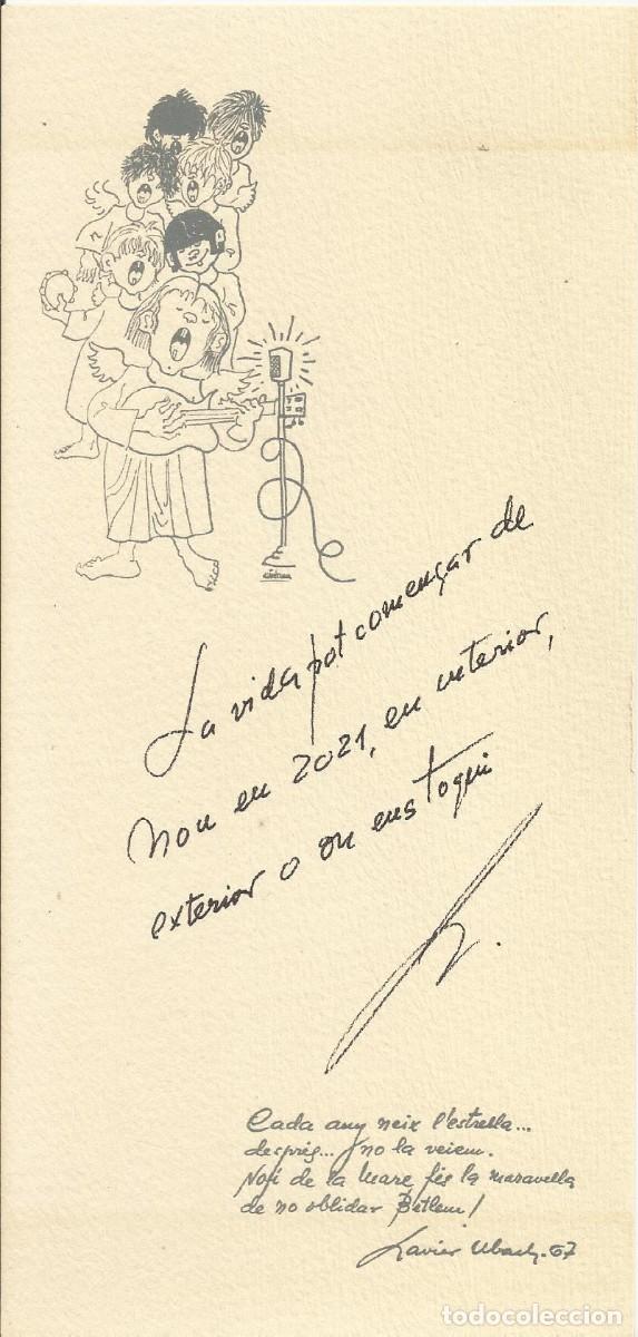 Postcards: Xavier Ubach. 1967. Postal de Navidad. Escrita por el artista. Decoloraci&oacute;n. 21x10 cm Ni&ntilde;os cantores