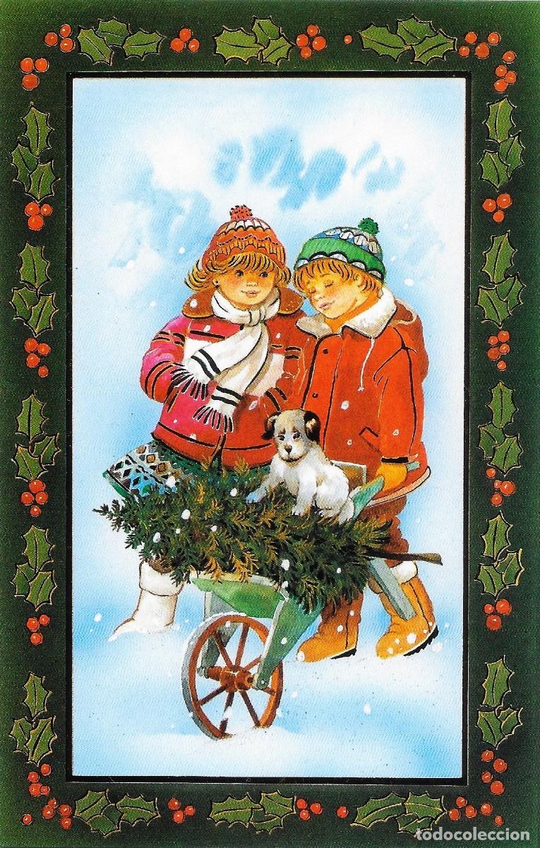 Postcards: 6085N - EDICIONES VIKINGO N&ordm; 3036- NI&Ntilde;OS LLEVANDO UN ABETO EN CARRETILLA , DIPTICA 15,5X10 CM-NUEVA