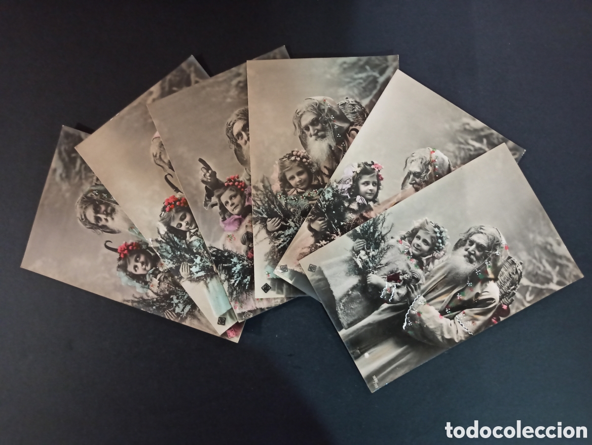 Postkarten: Serie de 6 fotograf&iacute;as postales antiguas navide&ntilde;as. Principios s. XX. Sin circular.