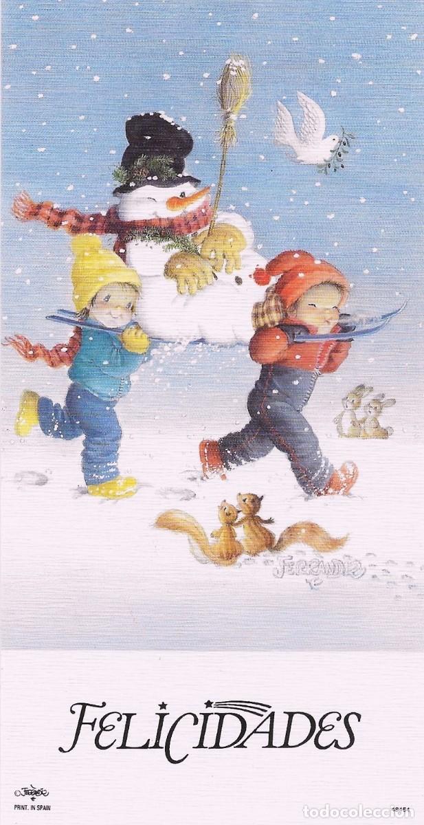 Postkarten: 2016M - FERR&Aacute;NDIZ - ESQUIANDO CON UN MU&Ntilde;ECO DE NIEVE - N&ordm; 49454 FELICIDADES- 16,5X8,5 CM -NUEVA