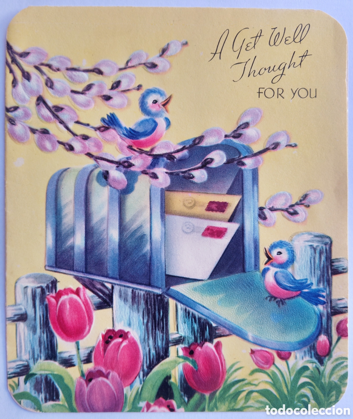 Postales: FELICITACI&Oacute;N RELIEVE ANTIGUA - PAJARITOS BUZ&Oacute;N TULIPANES