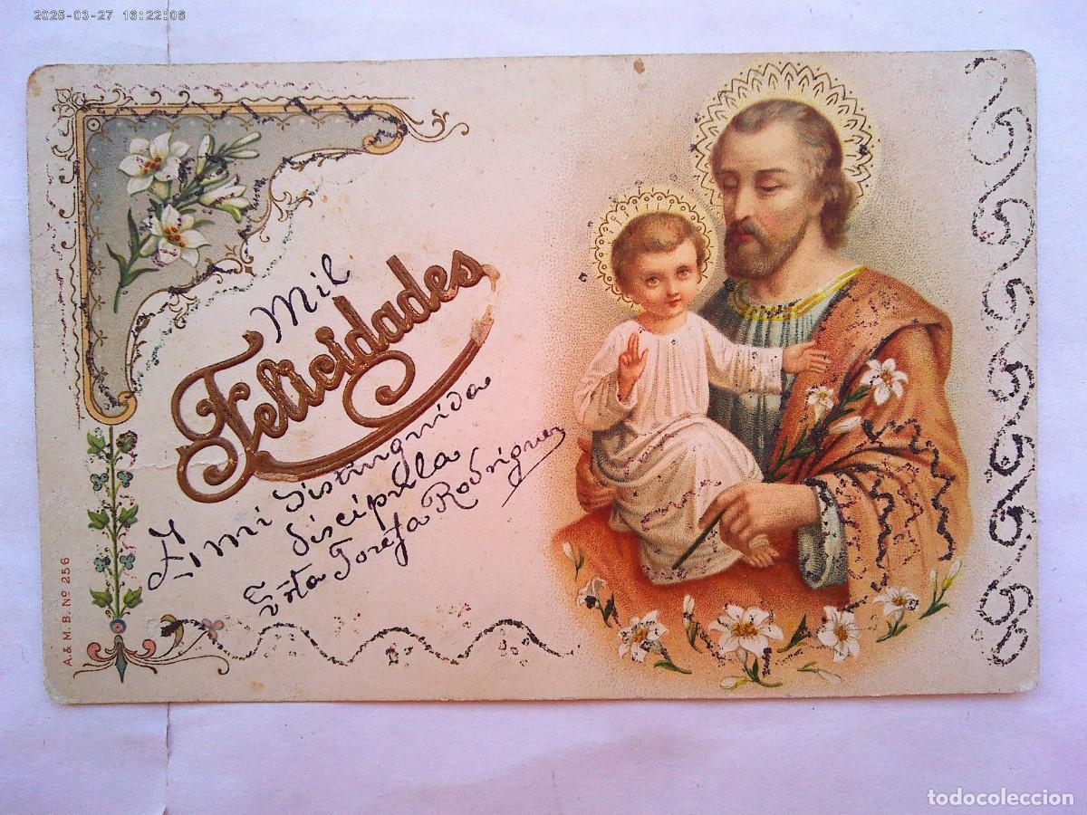 Postales: PRECIOSA POSTAL DE FELICITACION CON DIBUJO DE SAN JOSE CON EL NI&Ntilde;O , 1910 . CON PURPURINA