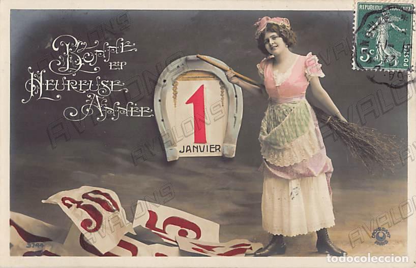 Cartoline: Postal Francesa de Feliz A&ntilde;o Nuevo de 1912 - Circulada con sello - Coloreada
