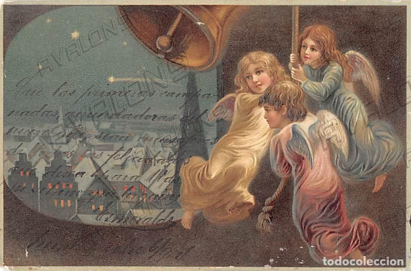 Postkarten: Postal de Uruguay de Navidad de 1904 de unos &Aacute;ngeles - Circulada con sellos - Troquelada