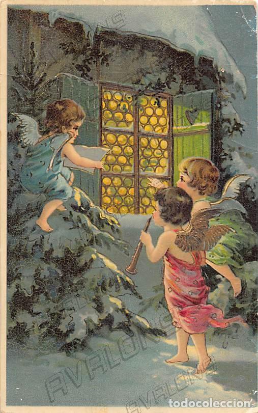 Postkarten: Postal Espa&ntilde;ola de Navidad de los a&ntilde;os 10 - Escrita - Angelitos tocando m&uacute;sica